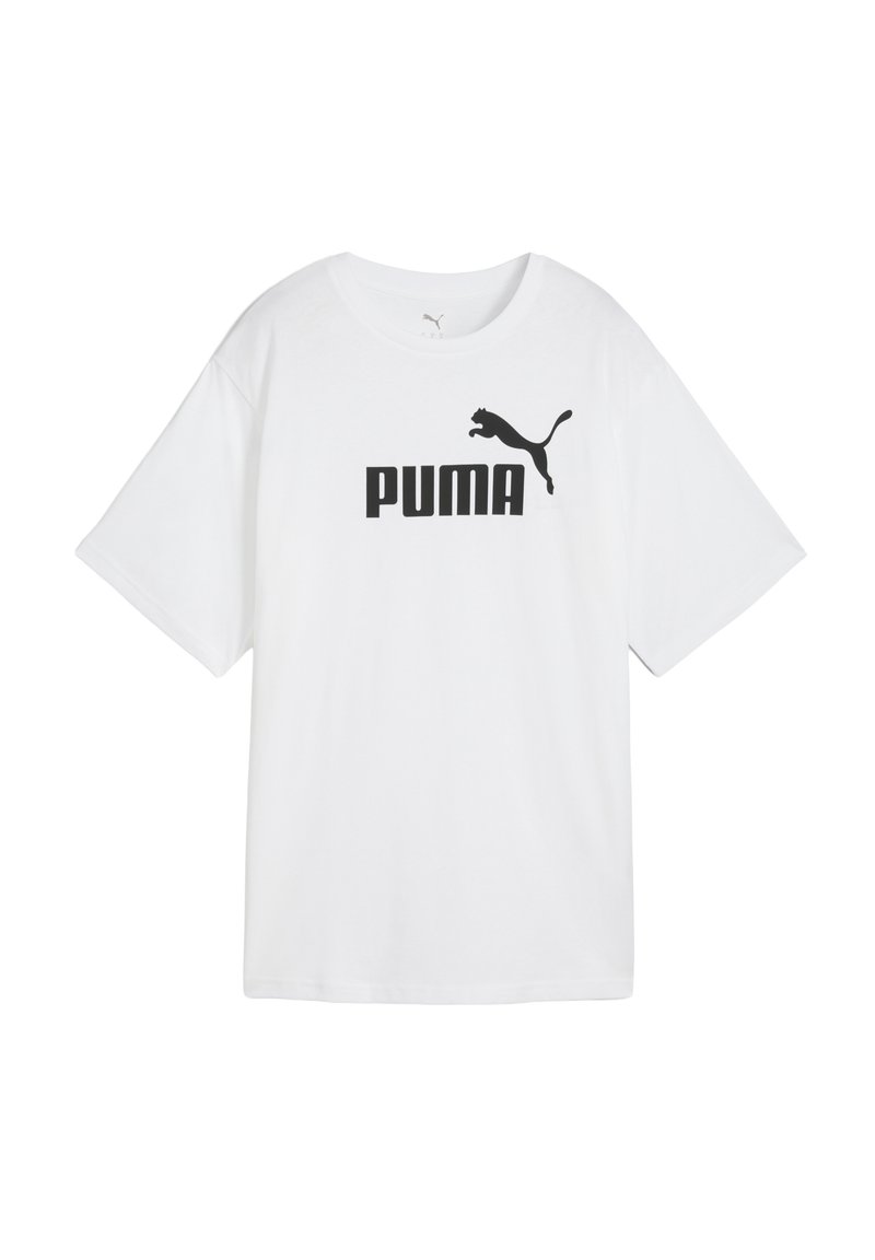 Hvid bomulds T-shirt med løs pasform, der har et sort "PUMA" logo og en puma silhuet på forsiden. Korte ærmer og rund halsudskæring.