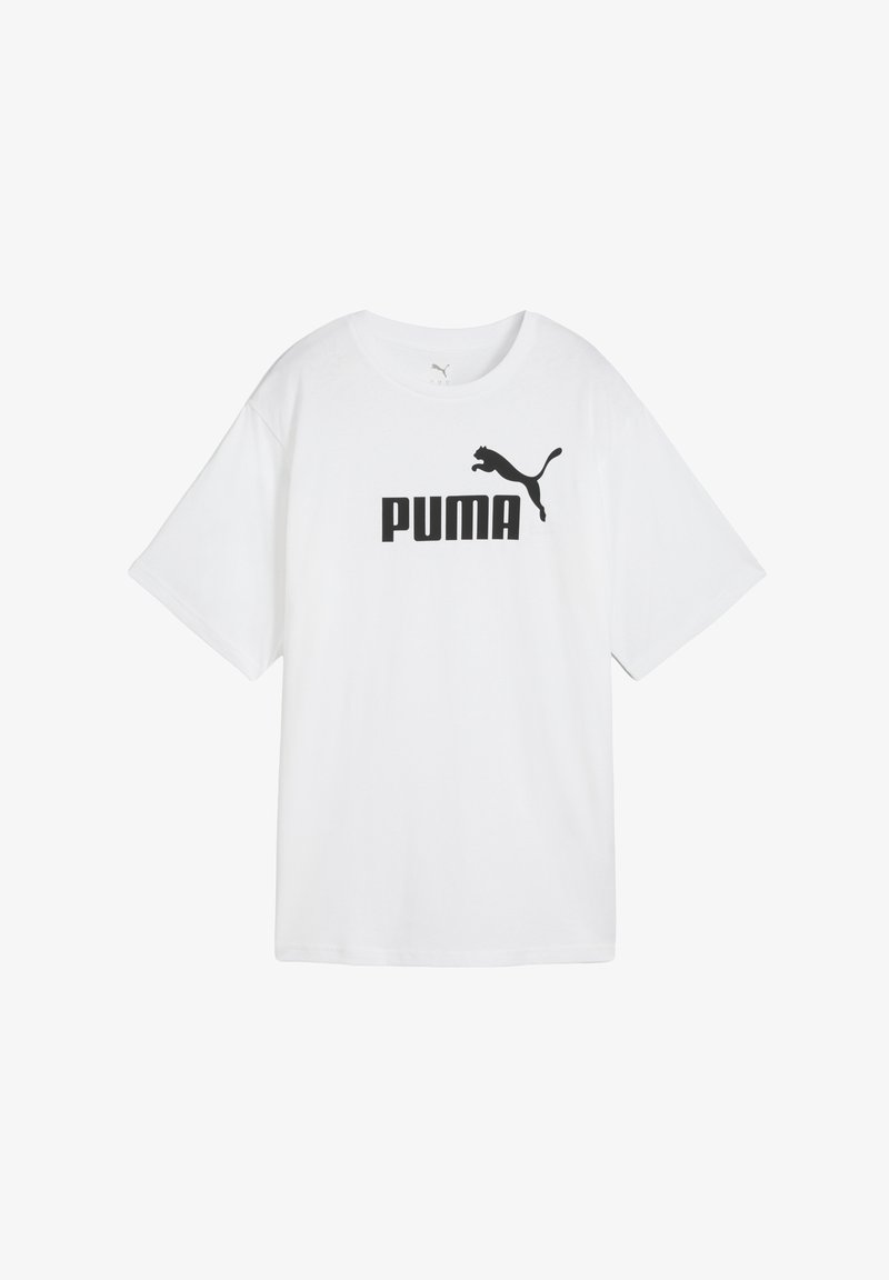 Hvid bomulds T-shirt med løs pasform, der har et sort "PUMA" logo og en puma silhuet på forsiden. Korte ærmer og rund halsudskæring.