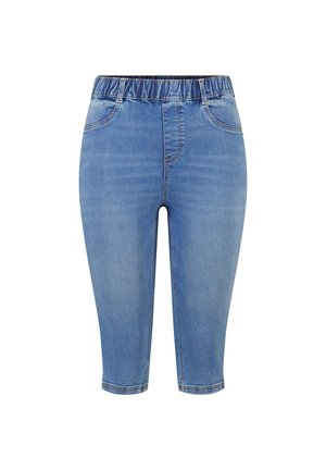 Lichtblauwe denim capribroek met elastische tailleband en voorzakken, lijken aansluitend en mid-rise.