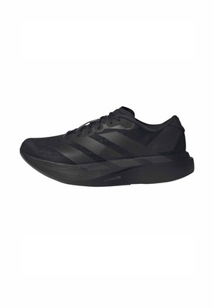 Chaussure de course athlétique noire avec design à lacets, bandes Adidas et semelle épaisse amortissante étiquetée Lightstrike Pro.
