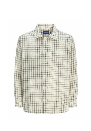 Button-up shirt in cream with a black grid pattern. Made from lightweight fabric, featuring a collared neckline and long sleeves.