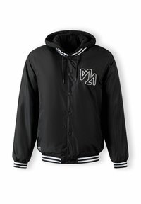 Black jacket featuring a hood, snap buttons, and white striped accents on the cuffs and hem. Displays a white logo on the chest.