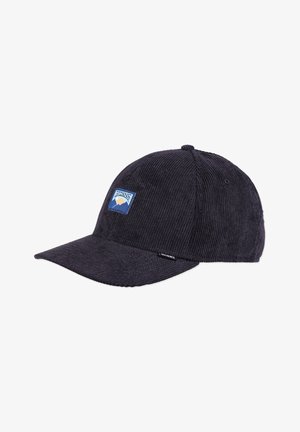 Dunkelblaue Cordmütze mit gebogenem Schirm, die auf der Vorderseite ein blaues und gelbes Berg-Logopatch sowie ein kleines Markenetikett an der Seite hat.