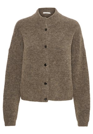 Brown cardigan made from soft material, featuring a round neck, long sleeves, and black buttons down the front.