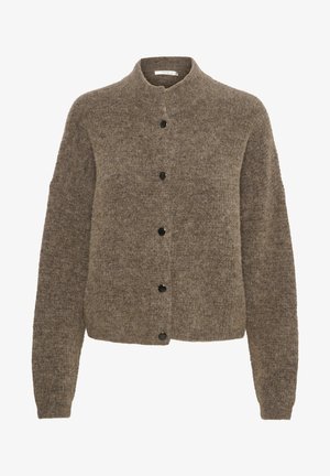 Brown cardigan made from soft material, featuring a round neck, long sleeves, and black buttons down the front.