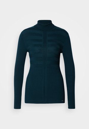 Suéter de cuello alto turquesa con mangas largas, que presenta rayas horizontales y una textura acanalada en la parte inferior y los puños.