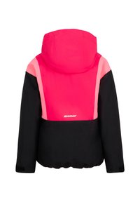Giacca da sci nera e rosa con cappuccio, pannello posteriore a contrasto e polsini in velcro; con il marchio "Ziener" sulla parte bassa della schiena.