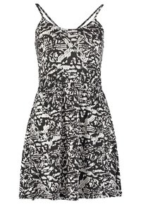 Robe à motifs noir et blanc avec un corsage ajusté, des fines bretelles et une jupe évasée, fabriquée en tissu léger.