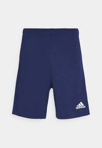 Navy blue athletic shorts made of smooth fabric, featuring an elastic waistband and a white Adidas logo on the lower right side.