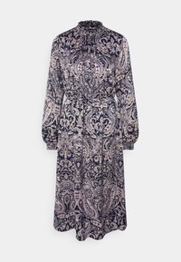 Abito a maniche lunghe a fantasia in navy e crema chiara, con colletto alto, vita arricciata e un design fluido caratterizzato da intricate motivi paisley.