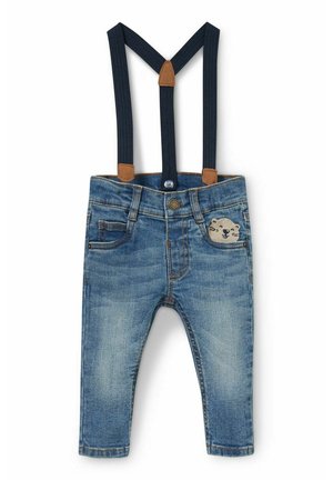 Babys blå cowboybukser med justerbare marineblå seler og et lille legende dyreansigtspatch på højre lomme.