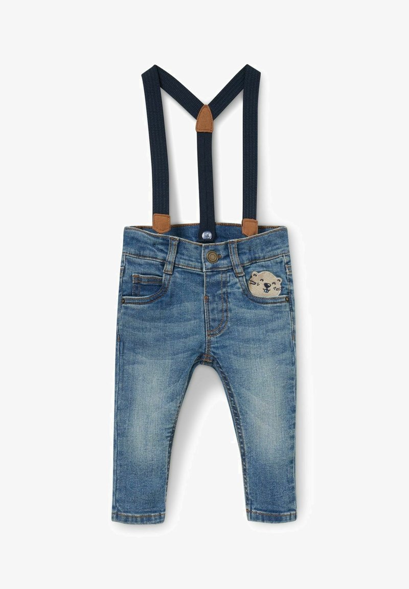 Jean en denim bleu pour tout-petits avec bretelles bleu marine réglables et petit écusson ludique représentant un visage d'animal sur la poche droite.