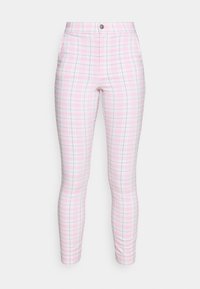 Pantalones de cuadros rosas con cintura alta y corte slim, con acentos en gris y blanco. Incluye dos bolsillos frontales y cierre con botón.