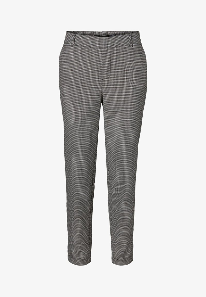 Pantalon à carreaux gris avec une coupe slim, taille élastique, poches avant, et une texture de tissu lisse. Design sur mesure, longueur cheville.