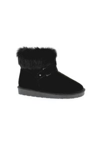 Botas negras hasta el tobillo hechas de suave terciopelo con un puño de piel sintética, que cuentan con un acento de hebilla y una suela de goma para mayor durabilidad.