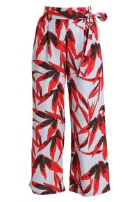 Breda byxor i lätt tyg med ett röd- och svartbladsmönster på en ljusgrå bakgrund. Snören i midjan.