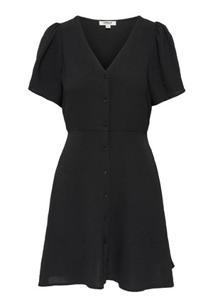 Čierne šaty s krátkym rukávom, výstrihom do V, zapínaním na gombíky vpredu, mierne nadýchanými rukávmi a rozšírenou sukňou.