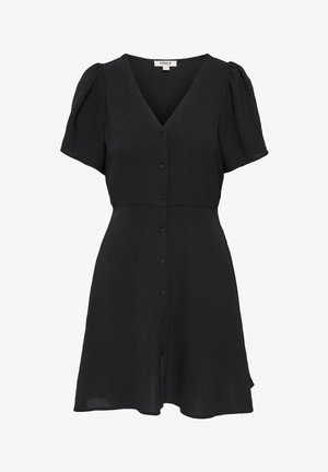Robe noire à manches courtes avec décolleté en V, boutonnée sur le devant, manches légèrement bouffantes et jupe évasée.