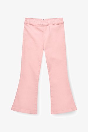 Pantaloni evazați pentru copii, roz, cu talie elastică și fără buzunare vizibile, așezați pe o suprafață plană pe un fundal alb.