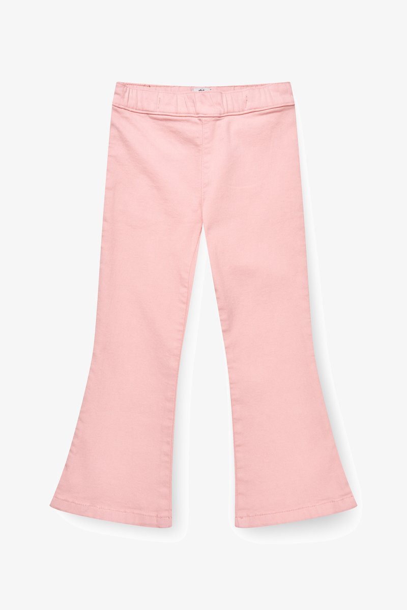 Rosa Kinder Schlaghosen mit elastischem Bund und ohne sichtbare Taschen, flach auf weißem Hintergrund ausgelegt.