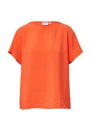 Lockeres orange Oberteil mit rundem Ausschnitt, kurzen Ärmeln und strukturiertem Stoff. Das Material hat eine zerknitterte Optik für zusätzliche Details.
