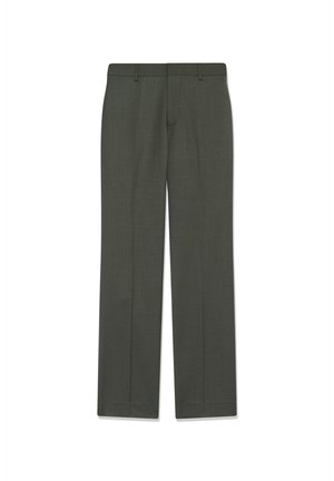 Pantaloni negri verzi cu croială dreaptă, confecționați dintr-un material texturat, având curea de prindere și un design curat, fără buzunare vizibile.