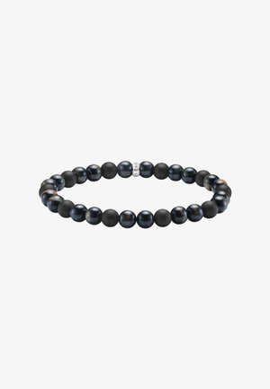 Schwarz-gold schimmerndes Perlenarmband mit einer Mischung aus matten und glänzenden Oberflächen, durchsetzt mit einer silbernen Akzentperle.