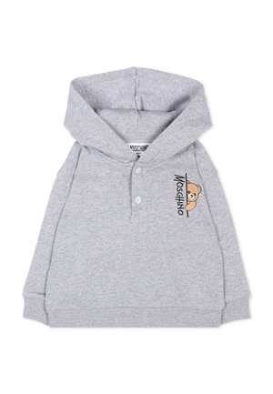 Jasnoszara bluza niemowlęca z kapturem, z przednimi zatrzaskami, ściągaczami na rękawach i grafiką misia obok słowa "Moschino" na piersi.