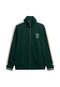 Grøn zip-up sweatshirt med hvide skulderstriber og forlommer. Har ribbede manchetter og et logo på brystet. Blød stofstruktur.