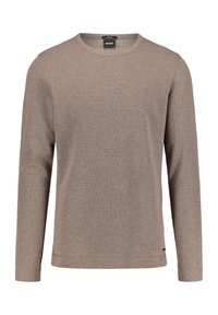 Chemise à manches longues de couleur brun clair, confectionnée en tissu texturé, avec un col rond et des détails de coutures discrètes sur l'ourlet et les manches.