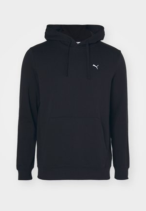 Schwarzer Hoodie aus Baumwollmischung, mit einer aufgesetzten Tasche, Kordelzugkapuze und kleinem weißem Logo auf der Brust. Glatte Textur.