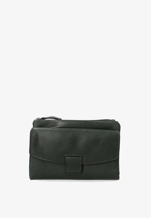 Leather wallet in dark green with a soft texture, featuring a flap closure and a small decorative hardware accent. Zipper at the top.