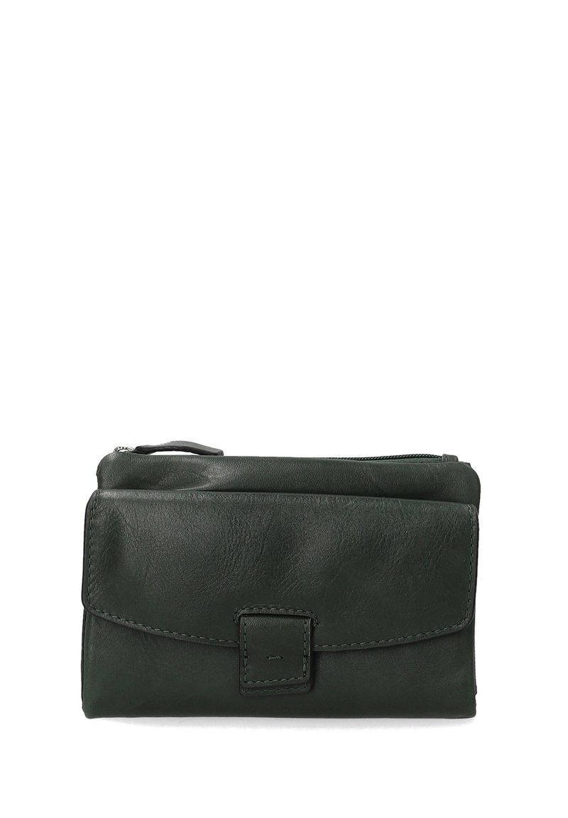 Leather wallet in dark green with a soft texture, featuring a flap closure and a small decorative hardware accent. Zipper at the top.