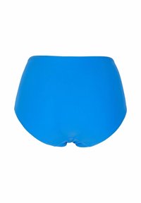 Blå högmidjad bikinitrosa i ett mjukt, stretchigt material, med en enkel design utan synliga mönster eller detaljer.