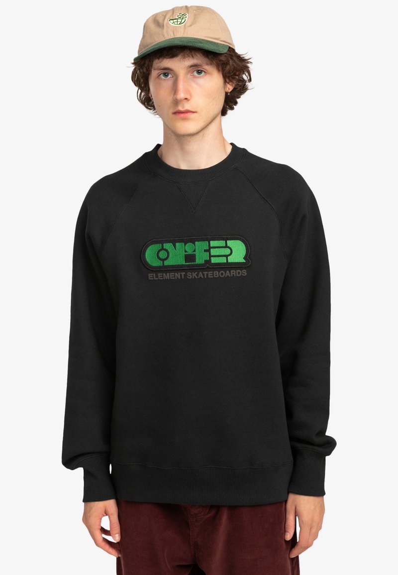 Black sweatshirt with raglan sleeves and a green embroidered logo featuring "Element Skateboards" on the chest. Soft cotton material.