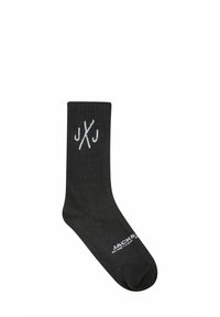 Black ribbed socks featuring a white logo pattern "jXj" on the side and "JACKS" text at the ankle. Made from a soft textile material.