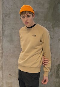 Sudadera beige con puños y dobladillo acanalados, con un pequeño logo en el pecho. Combinada con pantalones cargo negros y un gorro naranja.