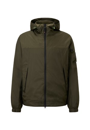 Olive green hooded jacket, featuring a front zipper, elastic cuffs, and side pockets. Made of lightweight, water-resistant material.