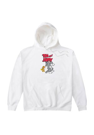 Hvid hættetrøje med en frontlomme, snoretræk i hætten og et farverigt grafisk motiv af Tom og Jerry trykt på brystet.