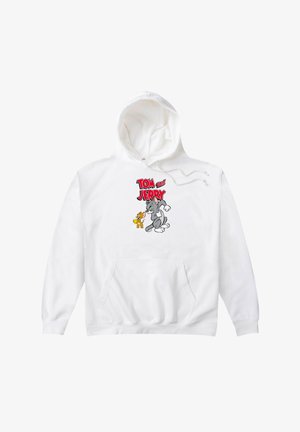 Hvid hættetrøje med en frontlomme, snoretræk i hætten og et farverigt grafisk motiv af Tom og Jerry trykt på brystet.