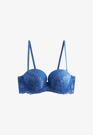 Blauer Blüten-Spitze Push-up-BH mit gepolsterten Cups, verstellbaren Trägern und Hakenverschluss. Strukturiertes Material mit glatter Oberfläche und dekorativen Details.