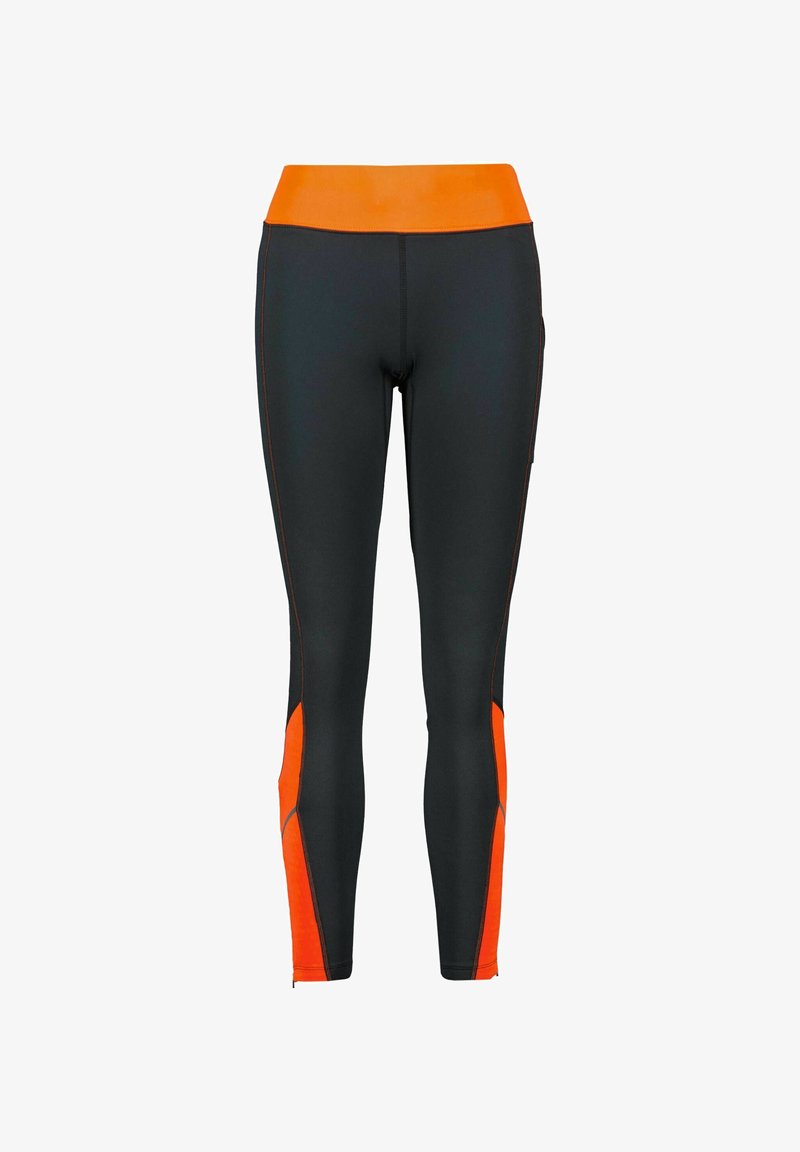 Schwarze Leggings mit einem orangefarbenen Bund und seitlichen Einsätzen, aus einem dehnbaren Material mit sichtbaren Nähten.