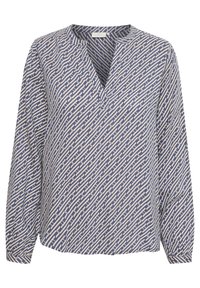 Langærmet bluse i marineblå og creme, med geometrisk mønster, V-udskæring og tekstureret stof. Afslappet pasform med elastiske manchetter.