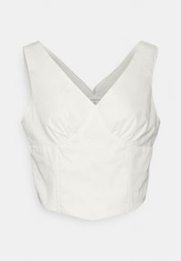 Top cropped branco com um decote em V profundo, detalhes franzidos na zona do busto e tecido estruturado e suave. Apresenta alças largas.
