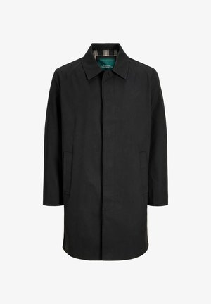 Palton negru simplu, cu nasturi ascunși, buzunare laterale, guler clasic și căptușeală interioară a gulerului în carouri.