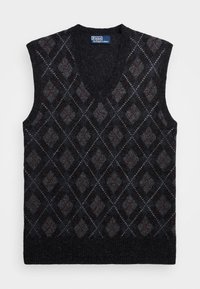 V-ringad väst i mörkgrått tyg med en diamantskärm i ljusgrått och röda detaljer. Ribbad nederkant och ärmhål.