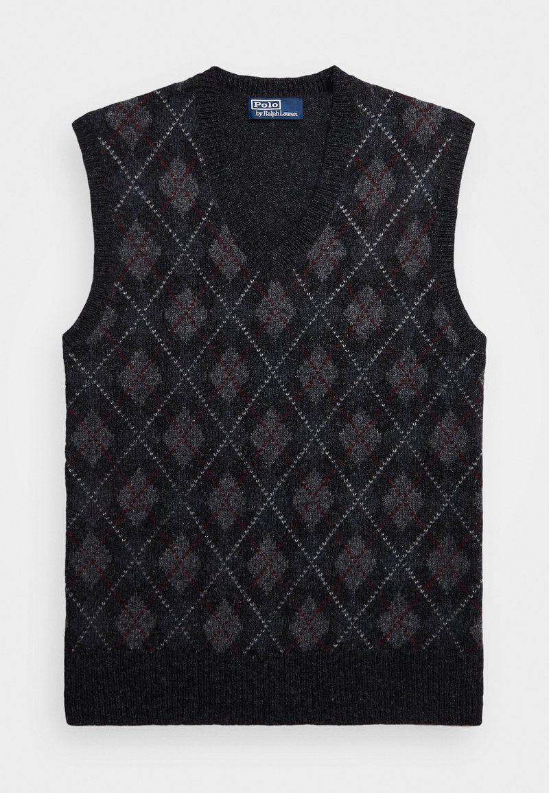 V-ringad väst i mörkgrått tyg med en diamantskärm i ljusgrått och röda detaljer. Ribbad nederkant och ärmhål.