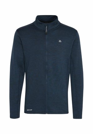 Dunkelblaue Zip-Jacke aus strukturiertem Stoff mit hohem Kragen, langen Ärmeln und einem "Quick Dry"-Etikett am Saum.