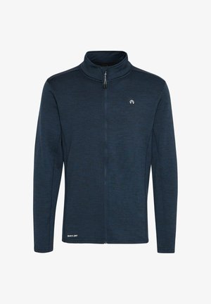 Mørkeblå jakke med glidelås laget av teksturert stoff, med høy krage, lange ermer og en "Quick Dry"-label på kanten.