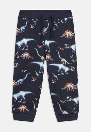 Navy blue children's sweatpants with drawstring waist, ribbed cuffs, and colorful dinosaur and pterodactyl print all over.